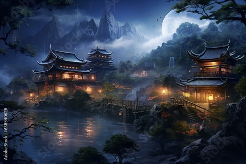 Digital art of Japanese village in fantasy setting, illuminated at night. Generative AI