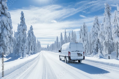 Mini van journeys on snowy Lapland highways during a winter road trip in Finland. Generative AI