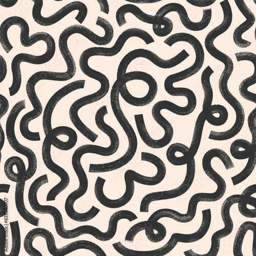 Black paint organic brush strokes seamless pattern. Vector monochrome grunge background with wavy lines