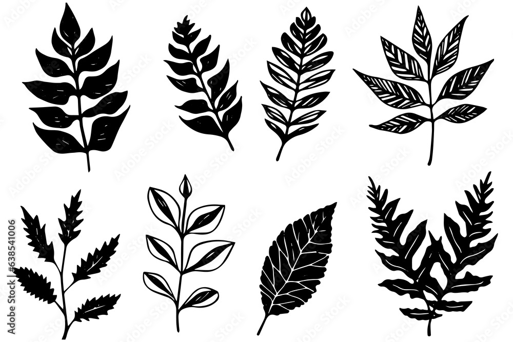 Set of lino cut vector stamp black leaves and branch imprints on white background. Hand drawn floral elements. Set of lino cut vector stamp black leaves and branch imprints on white background. Hand drawn floral elements.