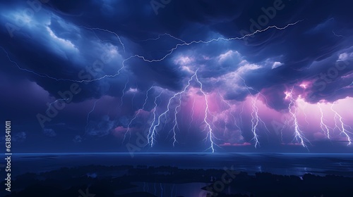 Lightning in sea. A strong storm in the ocean. Big waves. Raster Concept Art Scenery. Book Illustration. Video Game Scene. Serious Digital Painting. CG Artwork Background. Generative AI. 