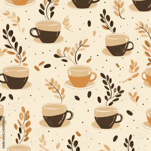Coffee seamless pattern with coffee cups and leaves