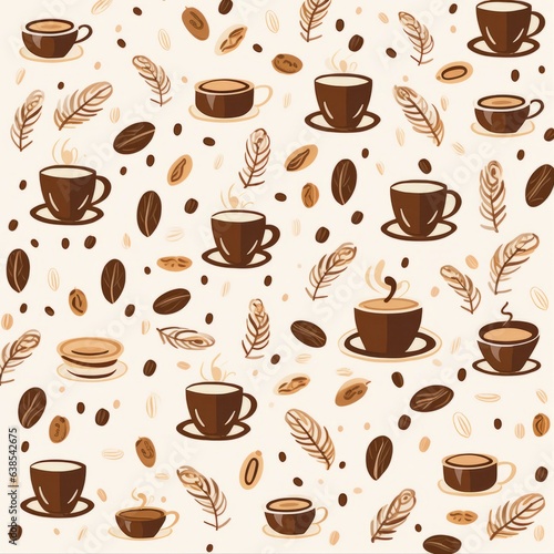 Coffee seamless pattern with coffee beans  leaves and coffee cups