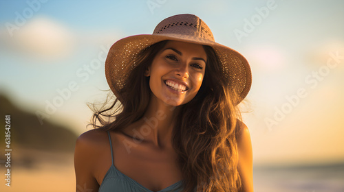Joyful Brunette Woman in a Swimsuit and Hat Posing on a Tropical Beach Under Golden Sunlight.