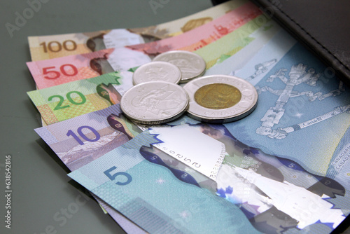 Canadian money, Currency of Canada. Stack of cash Canadian dollars on dark background.
