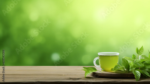 a cup of tea and some green leaves on a wooden table