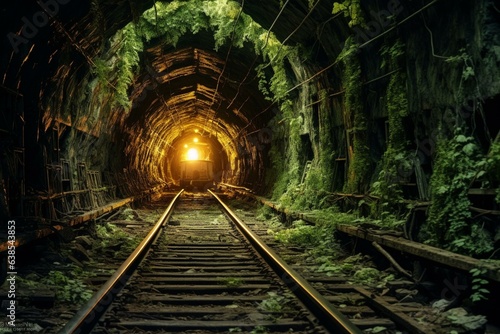 A tunnel or mine in the Old West is traversed by a railway. Generative AI