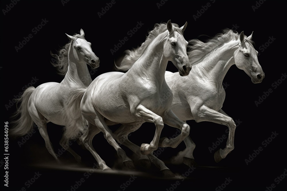 Outline of stallions still, moving at a moderate pace, and dashing. Generative AI