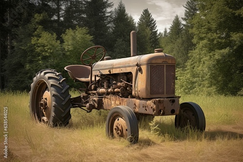 Antique farm tractor resting in the field. Generative AI