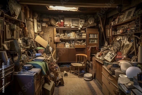 Cluttered storage with tools, rubbish, antiques, collectibles. Generative AI
