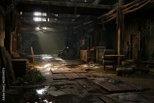 Empty, bleak setting inside a deserted structure in the game The Last of Us. Generative AI