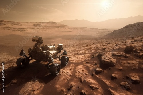 Mars rover exploring alien mountains. Generative AI