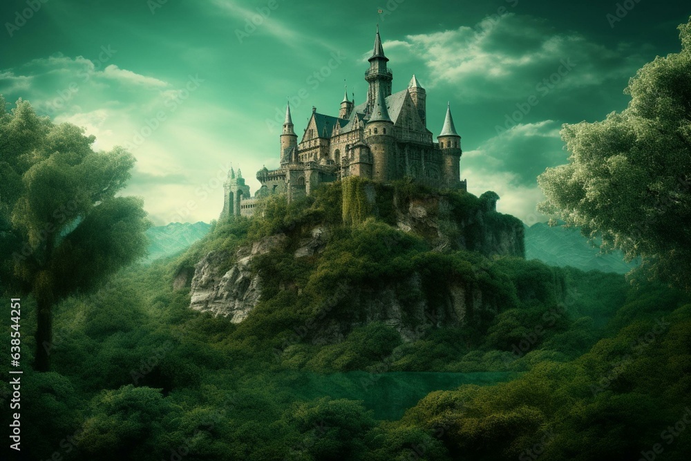 A nature-surrounded castle from the medieval era in green - a digital masterpiece. Generative AI
