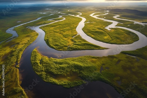 Breathtaking aerial shot of meandering black river in Iceland. Generative AI