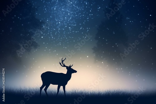 Silhouette of a deer emerging from fog with stars in the night sky. Generative AI