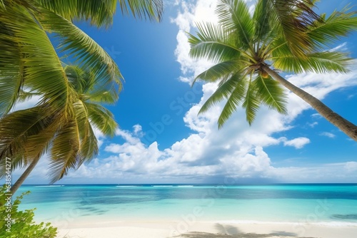 Sunny tropical beach getaway with coconut  magnolia  palm trees  and crystal-clear blue ocean. Generative AI