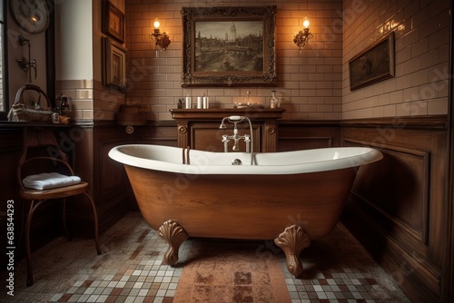 Antique bathtub in traditional bathroom. Generative AI