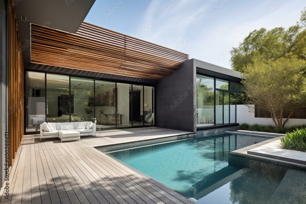 Contemporary residence featuring pool, deck, and stylish interiors. Generative AI