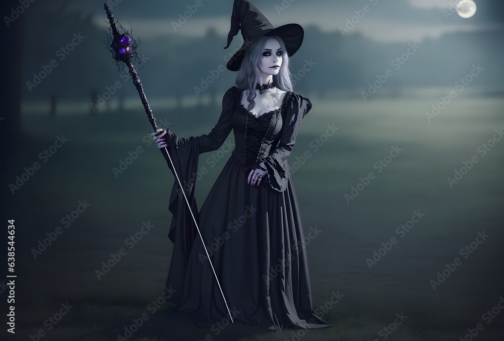 Beautiful witch style girl in gothic clothes with a staff. Witch's Night or All Saints' Eve. Concept: mysticism, game characters, halloween