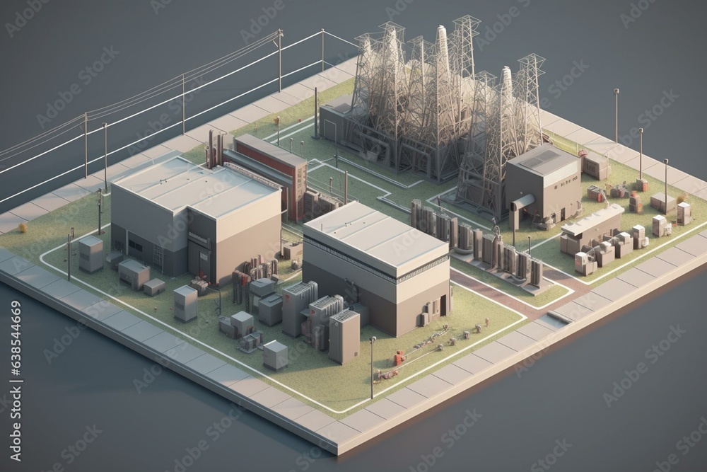 3D illustration of an isometric schematic view of an electrical substation for power distribution. Generative AI - obrazy, fototapety, plakaty 