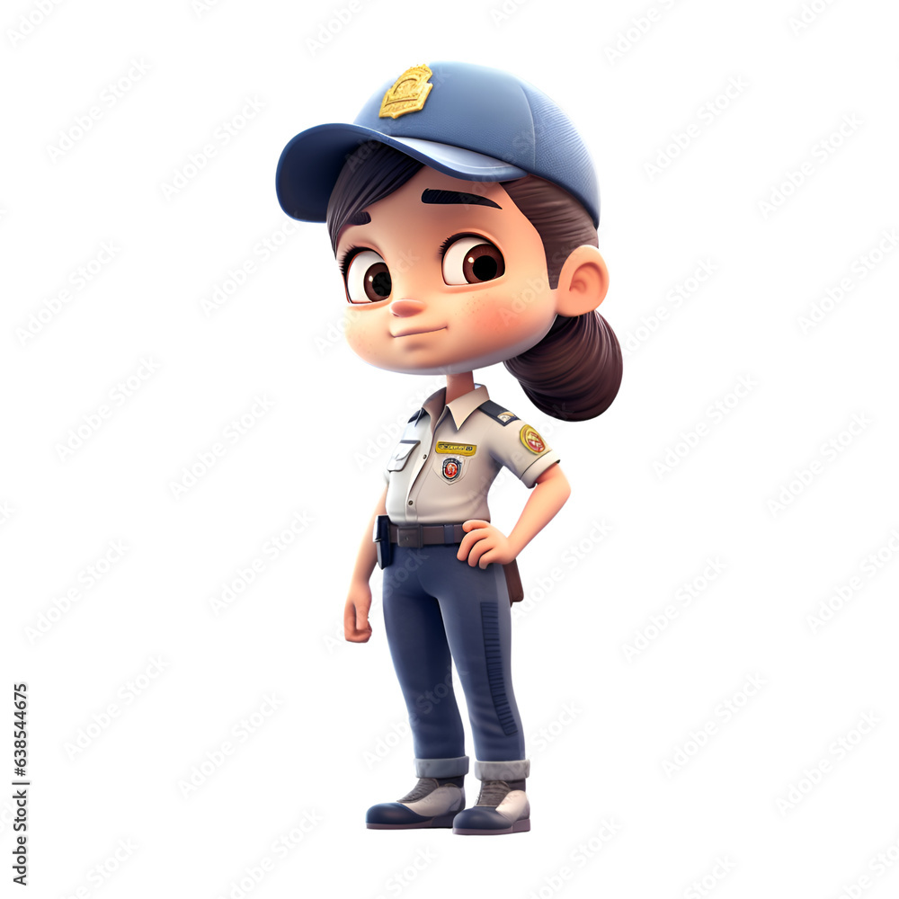 3D Render of a Young Police Woman with a cap and blue pants