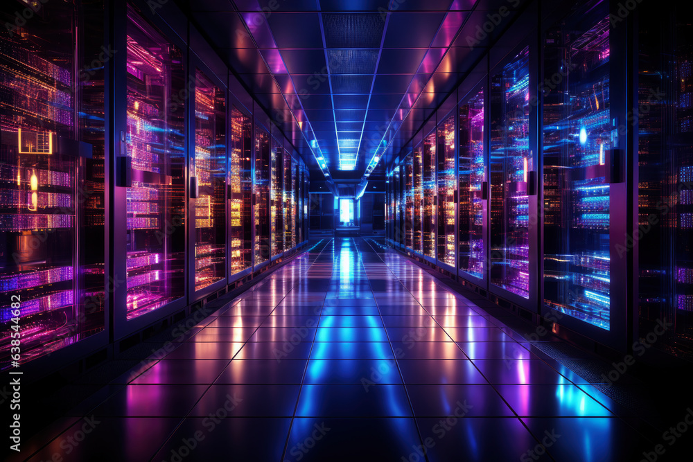 Server racks in computer network security server room, futuristic data center Server racks in computer network security server room, futuristic data center