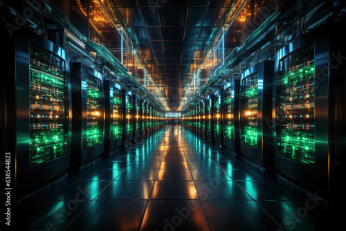 Server racks in computer network security server room, futuristic data center