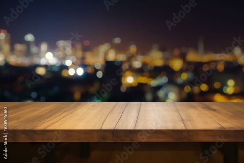 Wooden table in coffee house/restaurant with blurred night city and bokeh background. Can be used for product display or montage. Generative AI