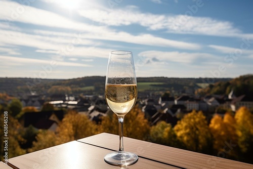 Enjoying premier cru sparkling white wine on terrace with view of vineyards in Hautvillers, Epernay, France in October. Generative AI photo