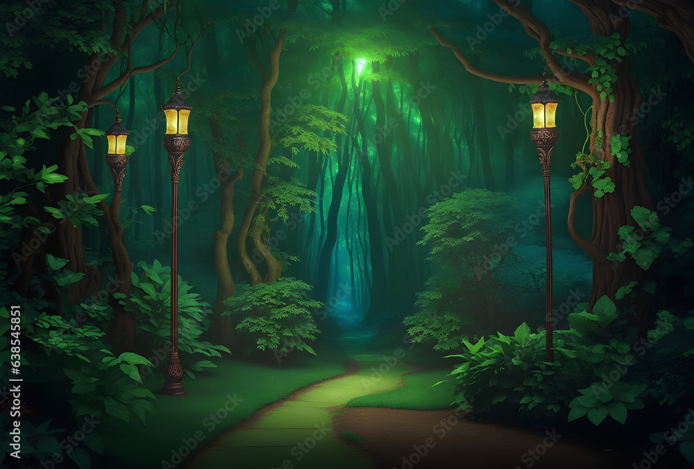 A beautiful fairytale enchanted forest with big trees and great vegetation and lamps. fantasy background