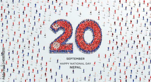 Happy Independence Day Nepal. A large group of people form to create the number 20 as Nepal celebrates its Independence Day on the 20th of September. Vector illustration.