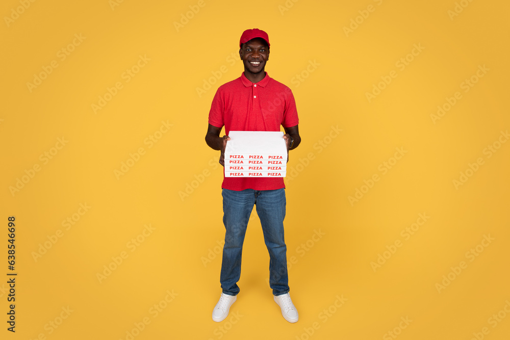 Glad millennial african american guy courier hold many pizza boxes