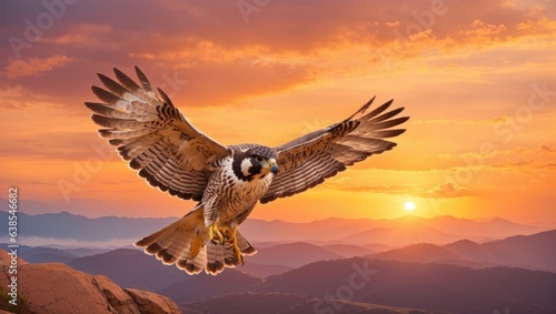 A solitary falcon gracefully soaring against the backdrop of a serene natural landscape during the enchanting hues of a sunset.