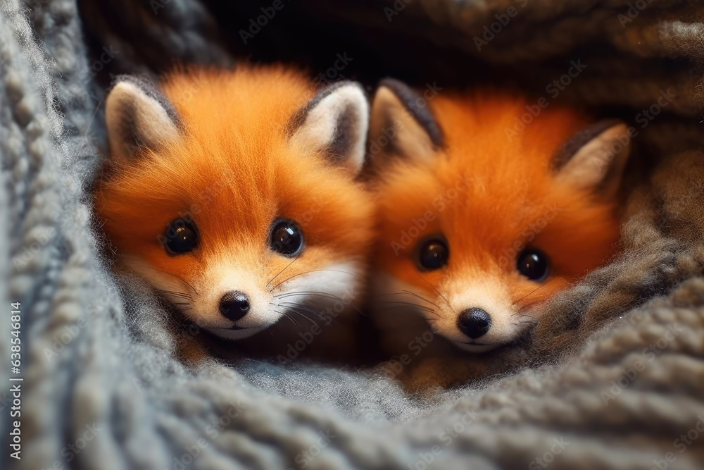 Cute baby foxes peeking out of a woolen pocket