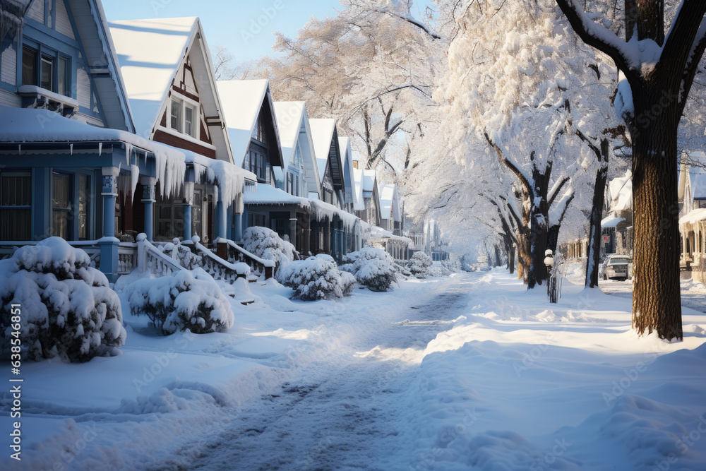 Snow covered street in the suburbs in winter on New Year's Eve Snow covered street in the suburbs in winter on New Year's Eve