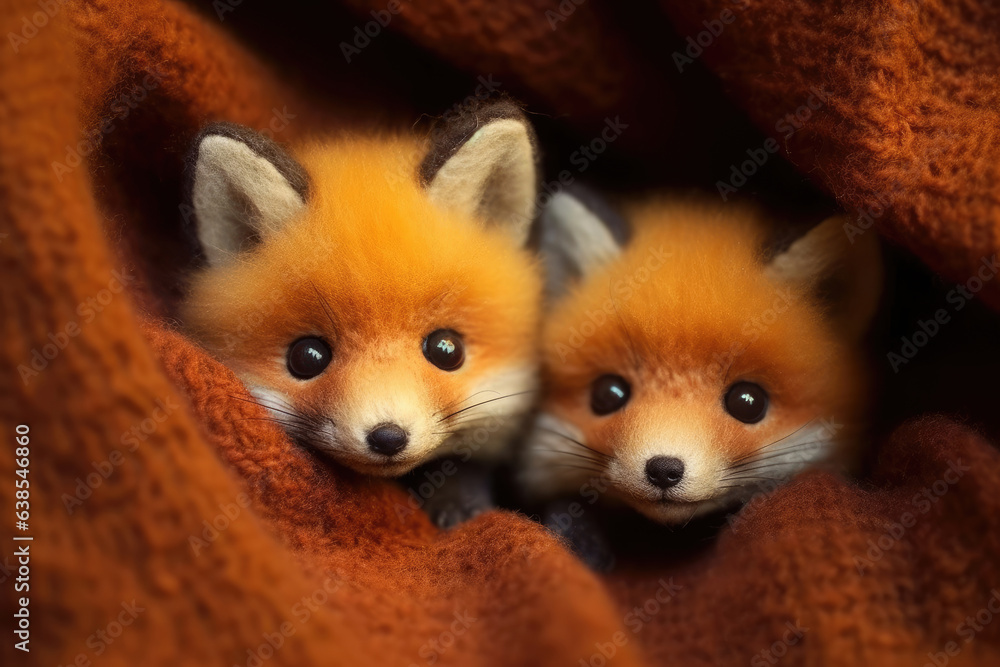 Cute baby foxes peeking out of a woolen pocket