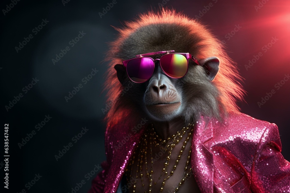 A baboon in disco attire, representing fashion and party themes. Generative AI