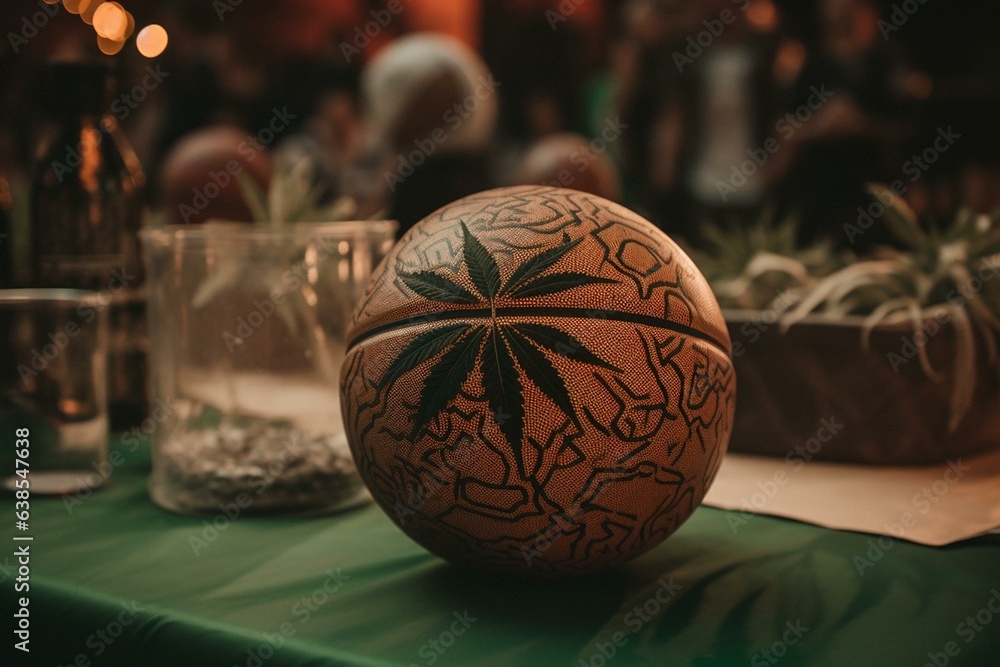 Basketball event with cannabis elements. Generative AI - obrazy, fototapety, plakaty 