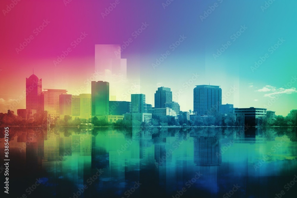 Orlando's skyline seen through transparent layers of gradient colors. Generative AI