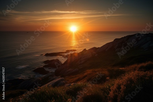 A stunning view of the sun setting over the coast. Generative AI © Titania