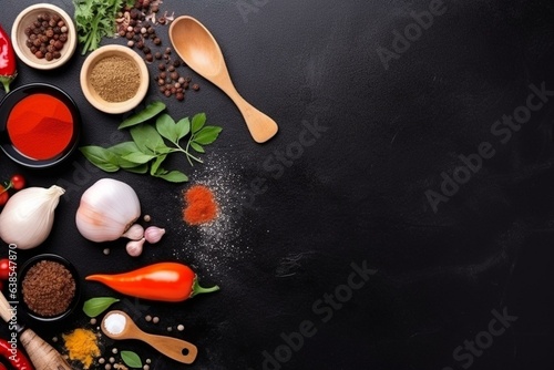 Assortment of cooking ingredients on a black slate table with empty space. Top view. Generative AI