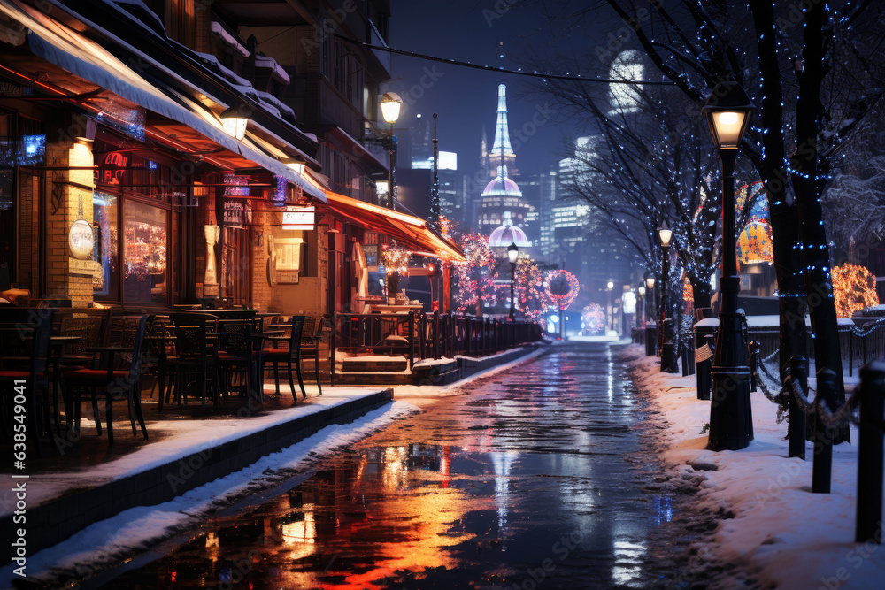 Night city winter snowy street decorated with luminous garlands and lanterns for christmas, urban preparations for new year