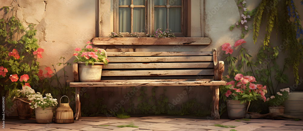 a wooden bench sitting in front of a window next to flower pots