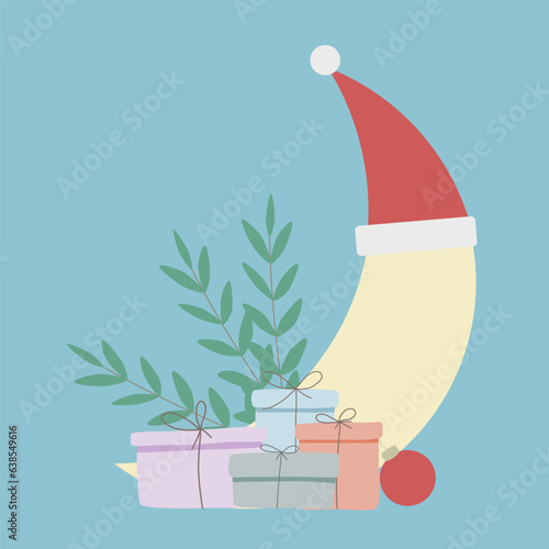Christmas composition of moon with santa hat on it, gift boxes and mistletoe. Vector illustration.