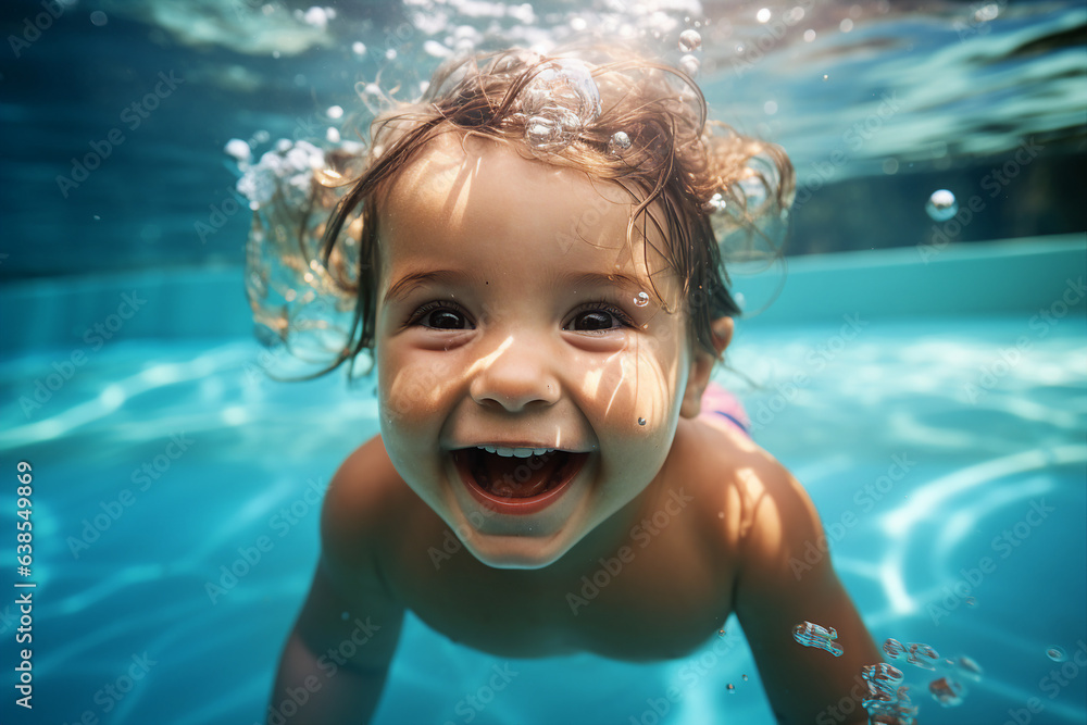 Portrait of happy girl boy having fun swimming pool under water enjoying summer holidays in aqua park center generative AI