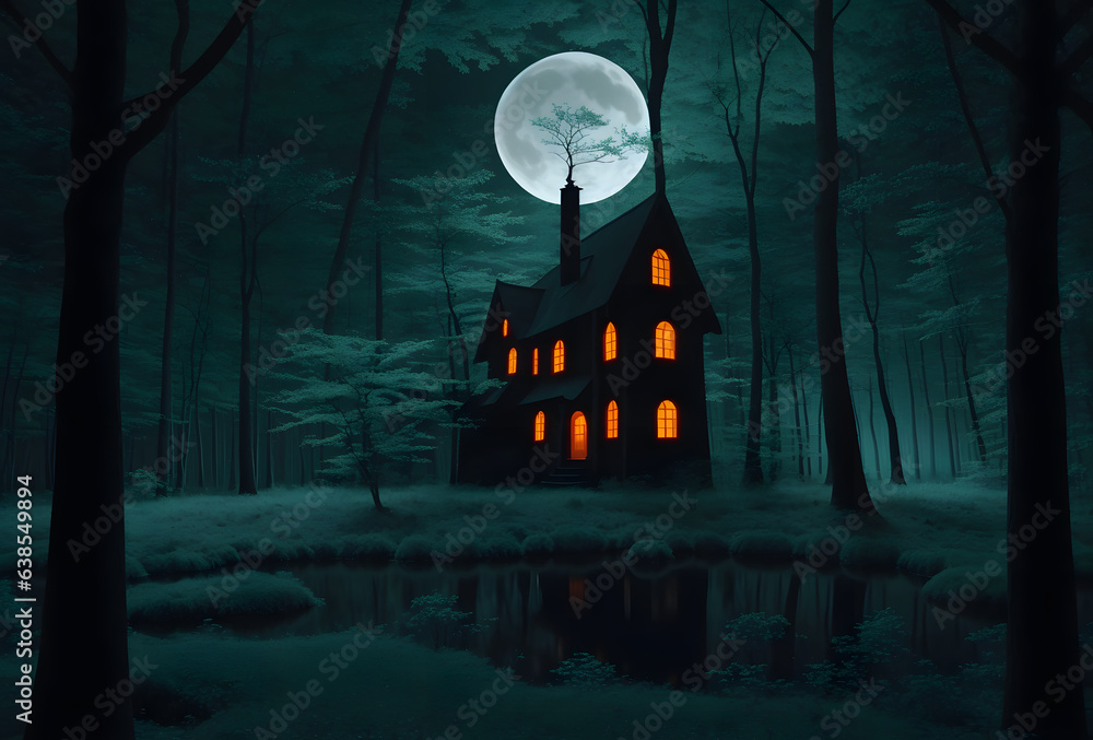 Halloween scene horror background. haunted mansion Evil houseat night with full moon.