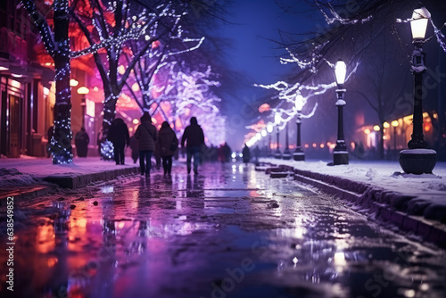 Night city winter snowy street decorated with luminous garlands and lanterns for christmas  urban preparations for new year