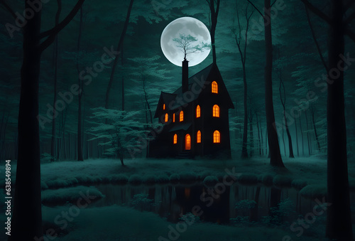 Halloween scene horror background. haunted mansion Evil houseat night with full moon. photo