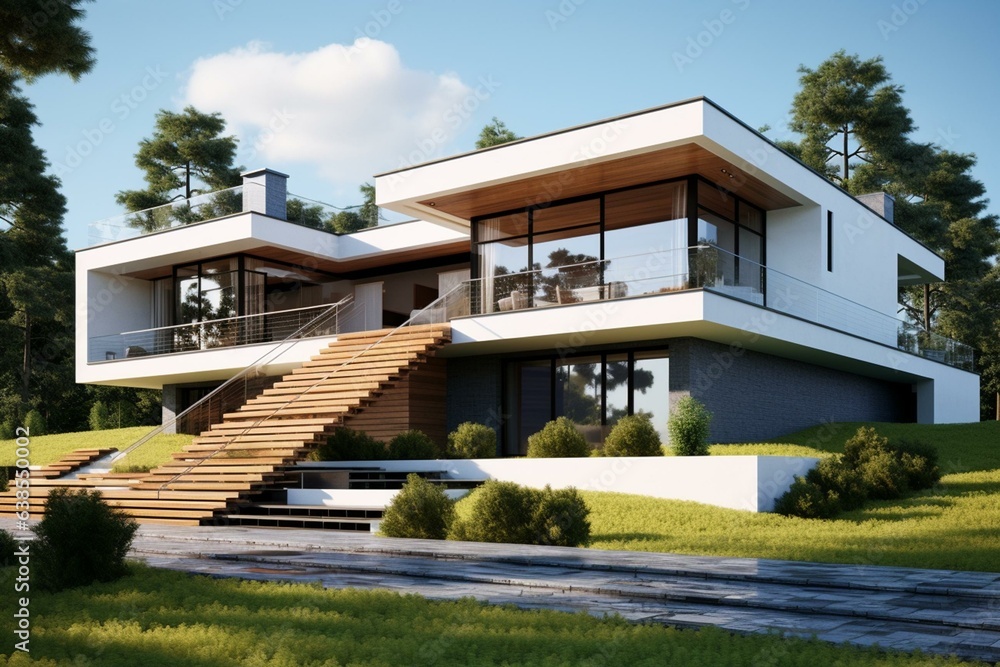 Modern house with wide stairs portrayed in a 3D rendering. Generative AI