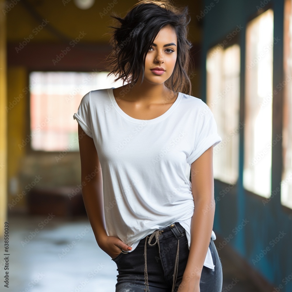 attractive female at home smiling and laughing wearing a white tshirt for mock up promotion